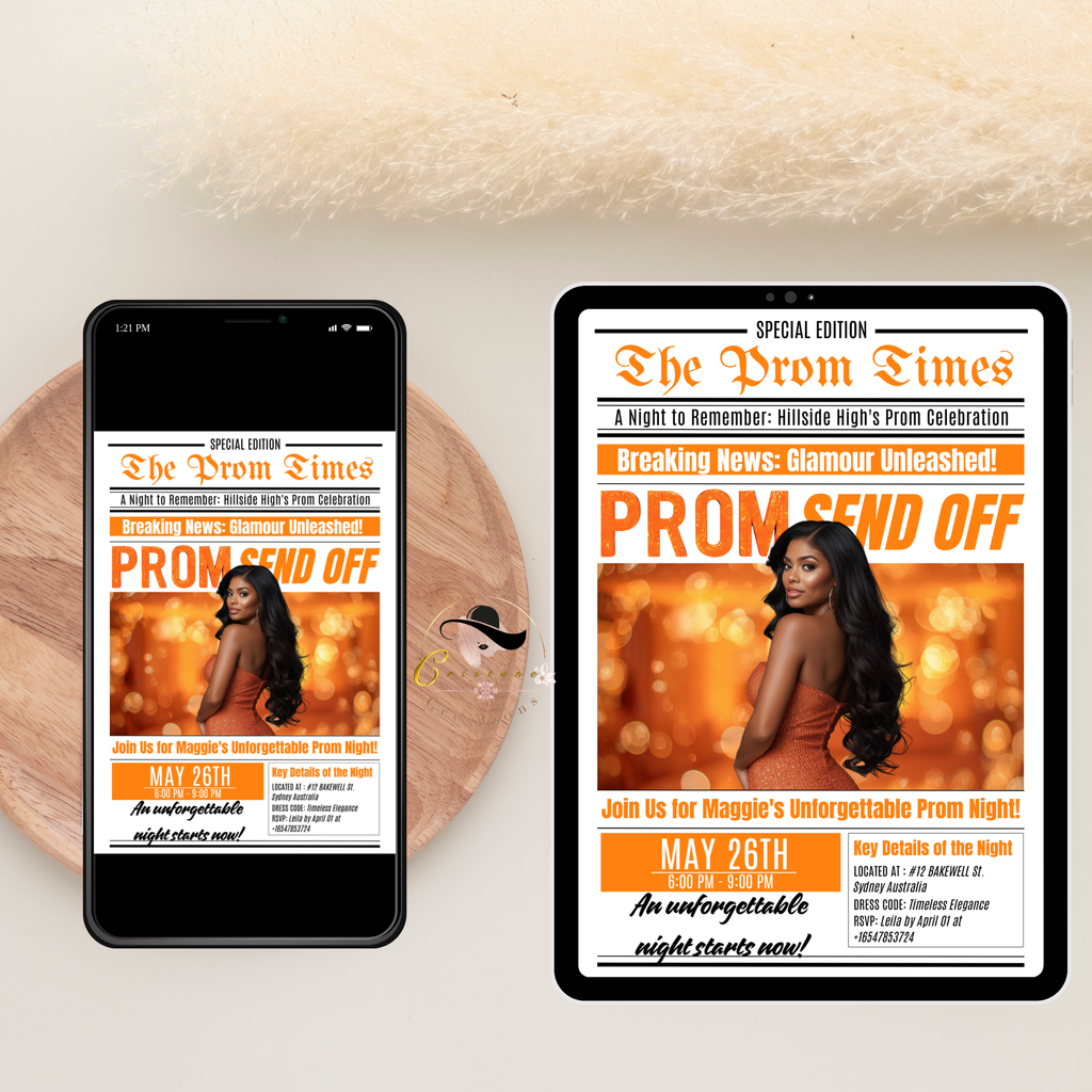 Newspaper Prom Send Off Invitation, Prom Queen with photo invite, Teen Girl Prom Night Party Flyer, Orange Prom, Digital Printable Template