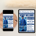 Senior Graduation Invitation with Photo, Newspaper Style High School Grad Announcement Invite for Him, Class of 2026 Editable Canva Template