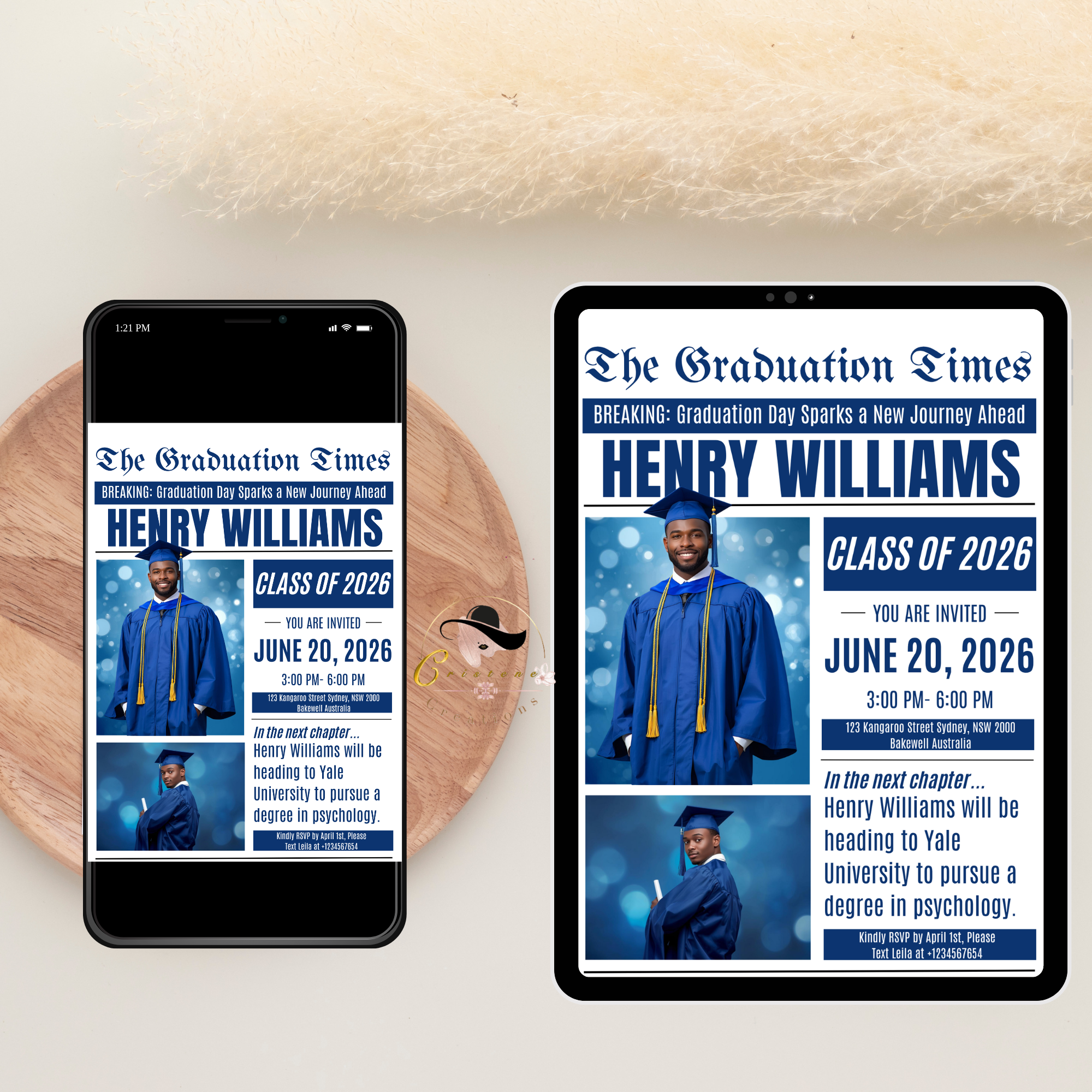 Senior Graduation Invitation with Photo, Newspaper Style High School Grad Announcement Invite for Him, Class of 2026 Editable Canva Template