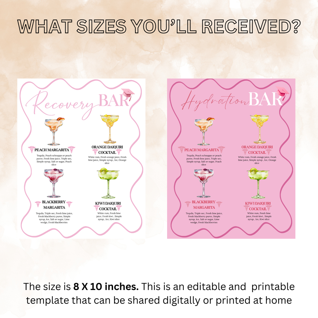 Nurse Graduation Drink Sign, Pink RN LPN CNA Cocktail Menu Card, Nursing Signature Drinks Hydration Station, Editable Printable Template