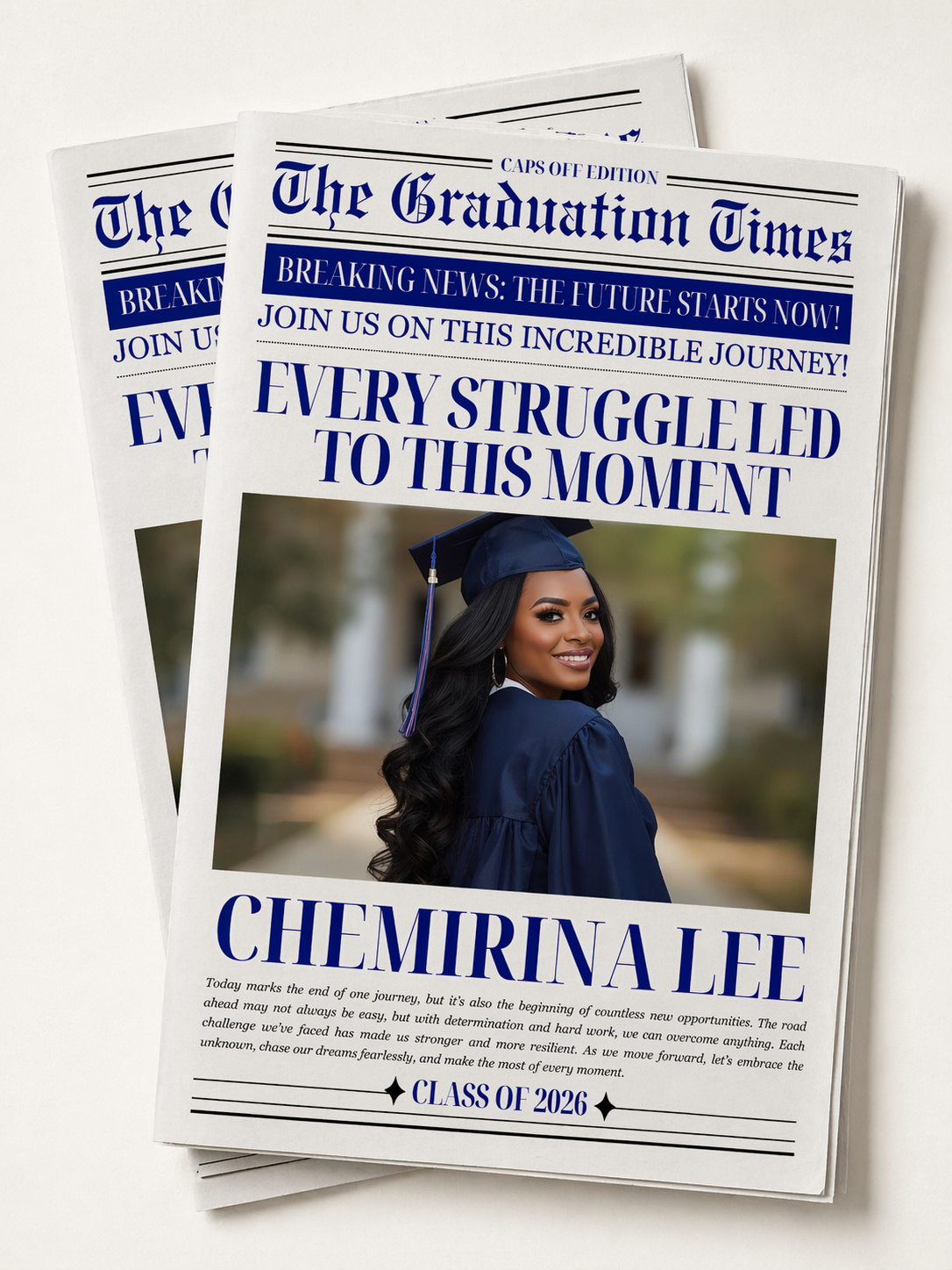 Graduation Newspaper Template with Photo, Class of 2026 Grad Announcement Invite for Him and Her, Editable Canva Blue Newspaper Invitation