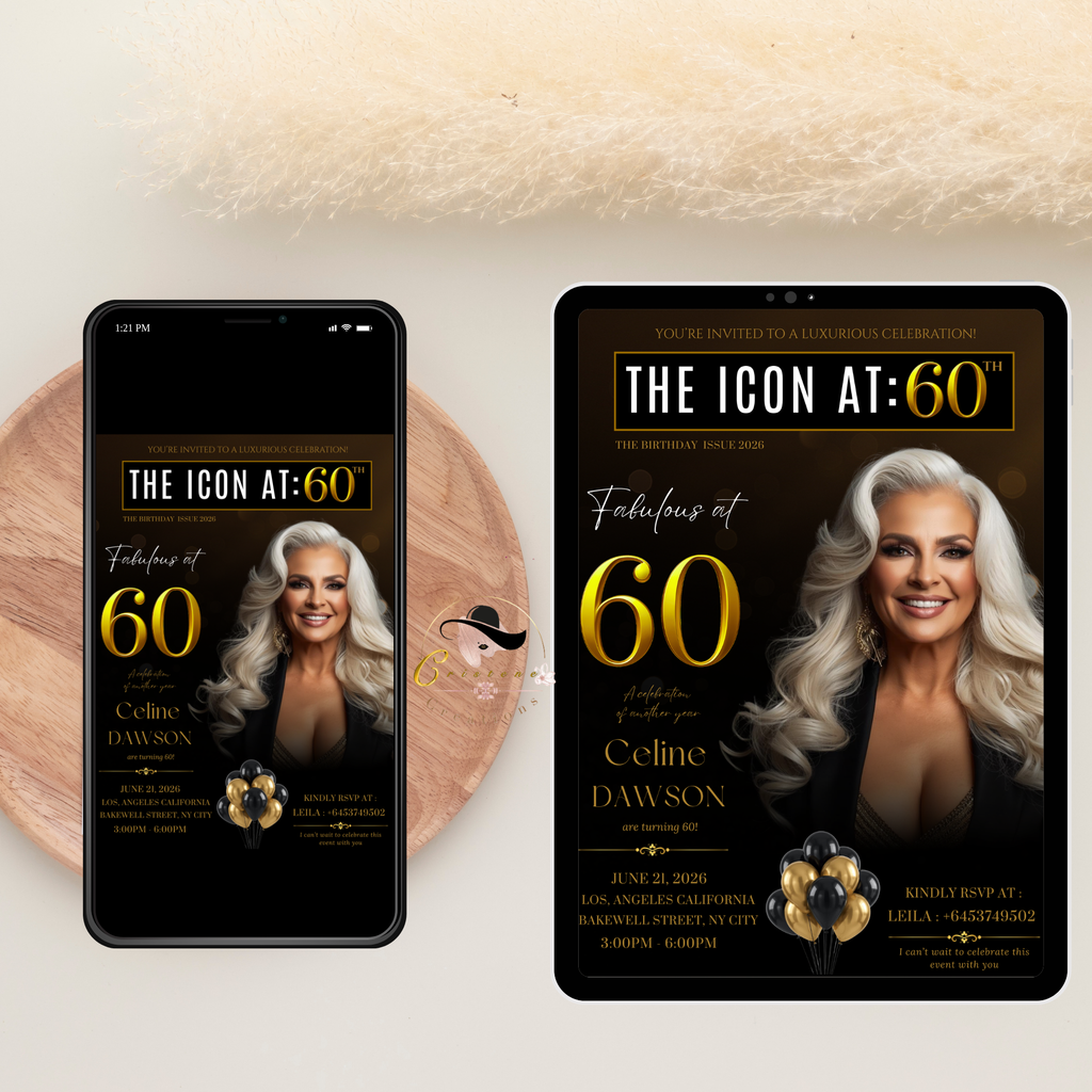 Black Gold 60th Birthday Invitation, 60 and Fabulous Invite, Elegant Party Dinner Brunch, Sixtieth Birthday Card, Photo Canva Template