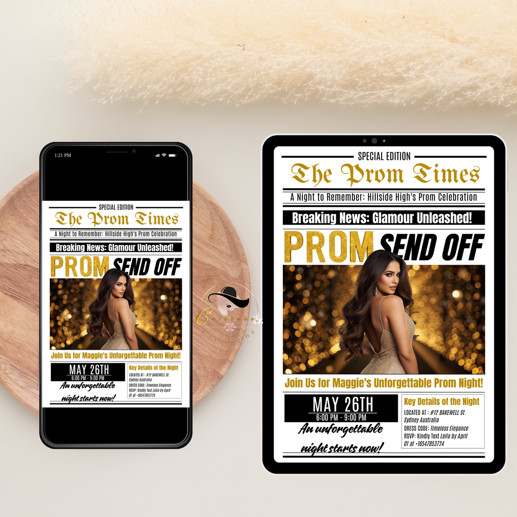 Newspaper Prom Send Off Invitation, Black Gold Prom Queen with photo invite, Teen Girl Prom Night Party Flyer, Digital Printable Template