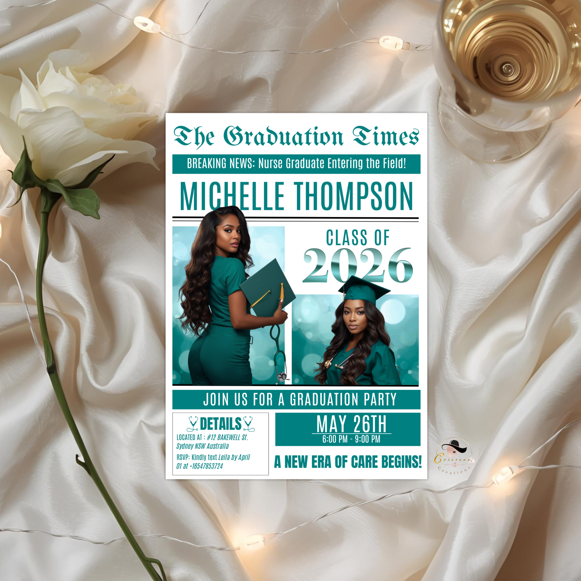 Newspaper Nurse Graduation Announcement Invitation, RN Pinning Ceremony with photo invite, LPN Nursing Graduates, BSN Green Flyer Template