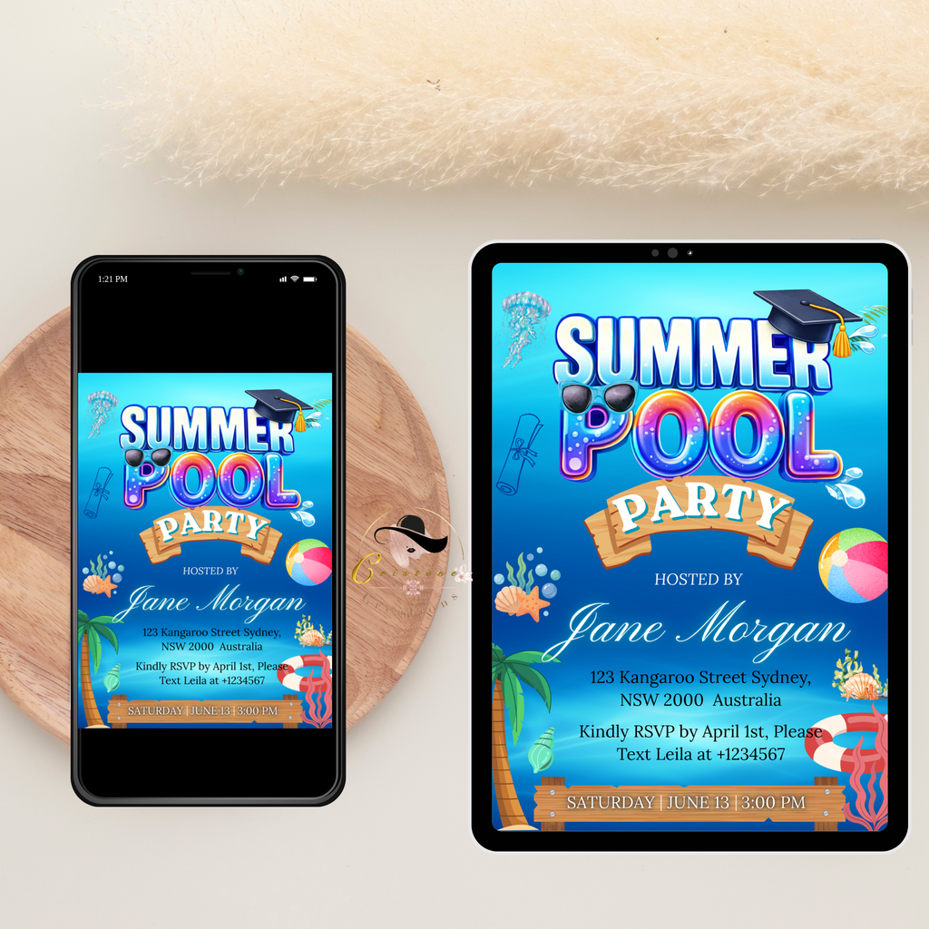 Graduation Pool Party Invitation, Senior Grad Party Invite for Him and Her, College Graduates Announcement, Editable Canva Digital Template