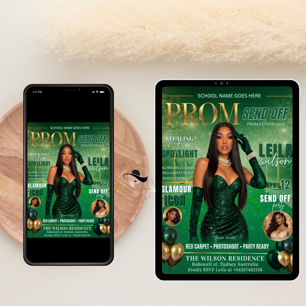 Green Gold Prom Send Off Party Invitation, Prom Queen with photo invite, Girls Prom Night Flyer, Magazine Cover Digital Printable Template
