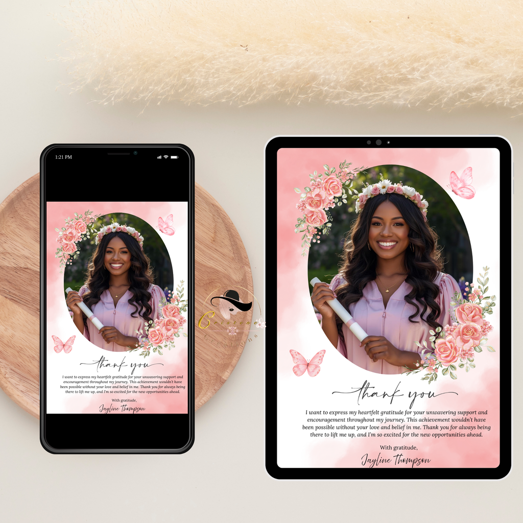 Wildflower Graduation Thank You Card with photo, Senior Grad Party Thank you note, Pink Birthday Thank You Cards, Digital Printable Template