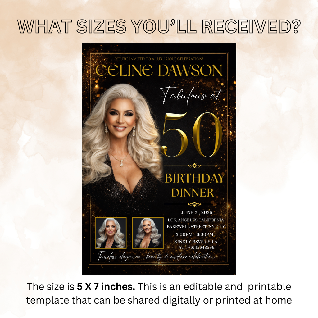 50th Birthday Invitation for Man and Woman, Black and Gold 50 and Fabulous Invite, Dinner Brunch Party Invite, Editable Canva Template