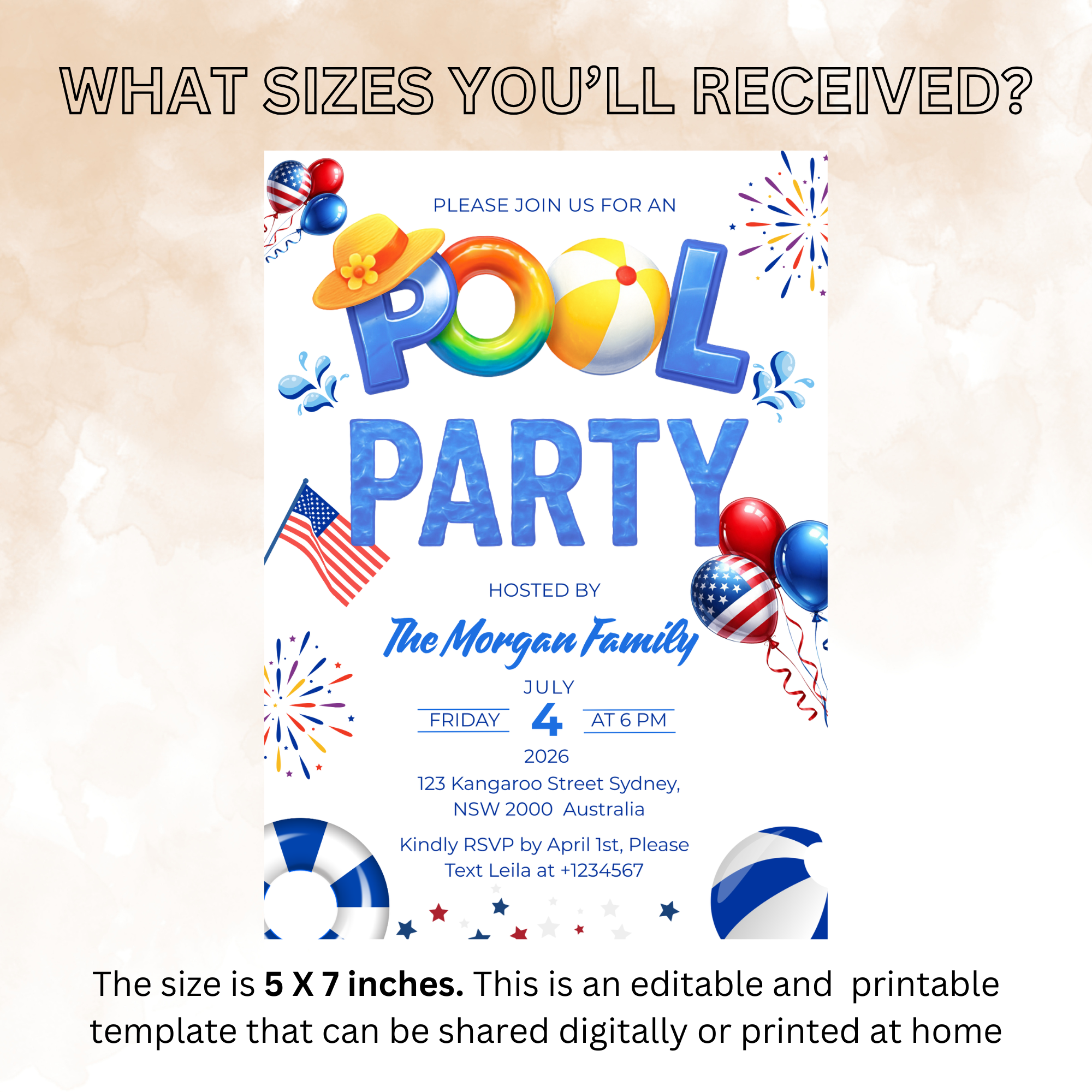 4th of July Pool Party Invitation, Independence Day BBQ Cookout Invite, Summer Pool Party, Fourth of July, Patriotic Editable Canva Template