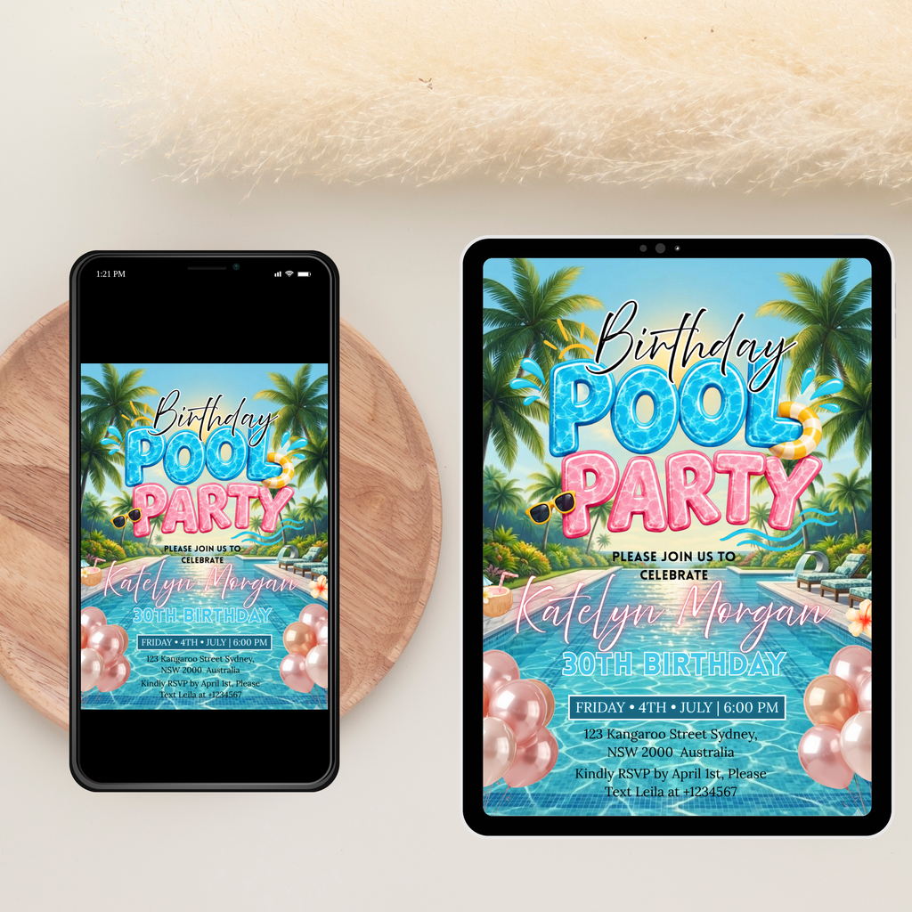 Birthday Pool Party Invitation, Summer Tropical Aloha Luau Adult Birthday Invite, Hawaiian Invite, Editable Printable Canva Digital Template