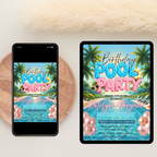 Birthday Pool Party Invitation, Summer Tropical Aloha Luau Adult Birthday Invite, Hawaiian Invite, Editable Printable Canva Digital Template