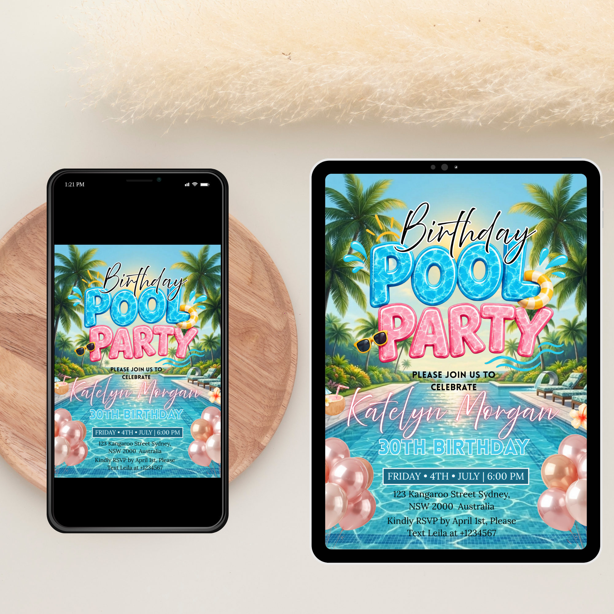 Birthday Pool Party Invitation, Summer Tropical Aloha Luau Adult Birthday Invite, Hawaiian Invite, Editable Printable Canva Digital Template