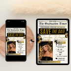 Graduation Save the Date Invitation with Photo, Newspaper Grad Announcement Invite for High School or College, Black Gold Printable Template
