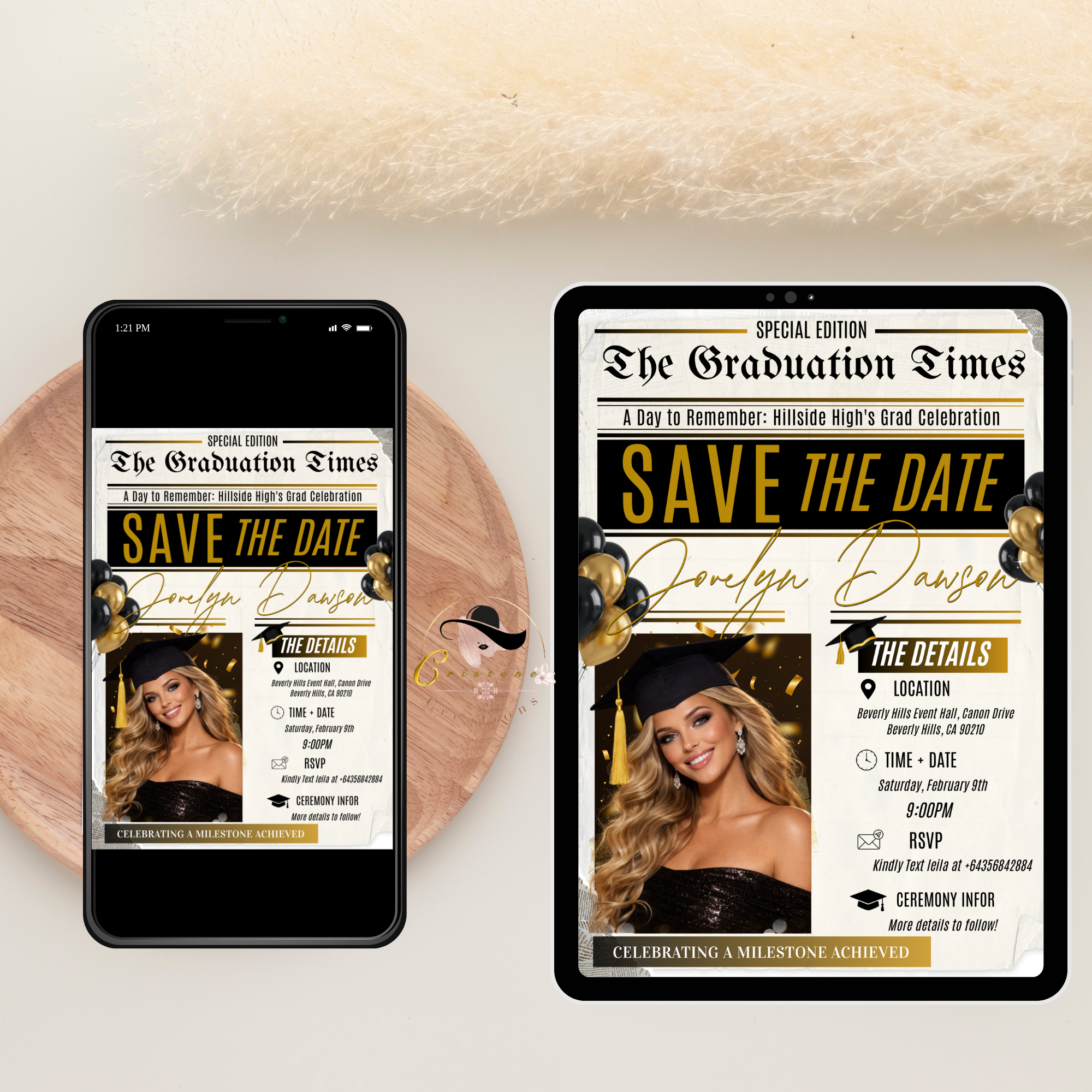 Graduation Save the Date Invitation with Photo, Newspaper Grad Announcement Invite for High School or College, Black Gold Printable Template