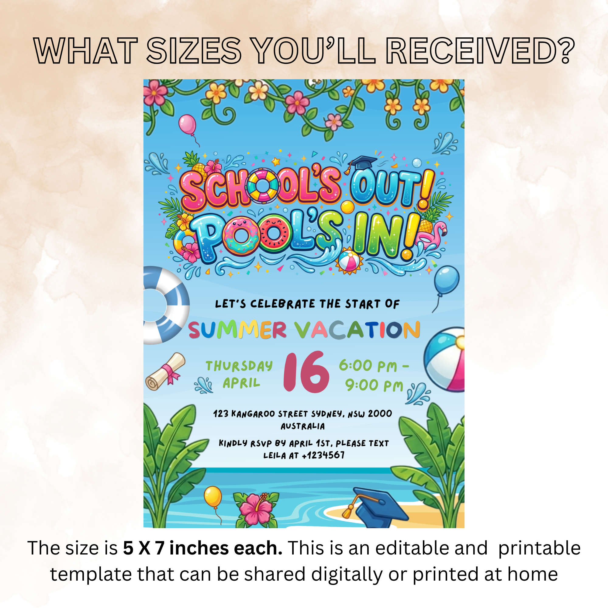 Graduation Pool Party Invitation, Kids Summer Beach Grad Invite, Hello Pool Goodbye School, Boy Girl Printable Editable Canva Template