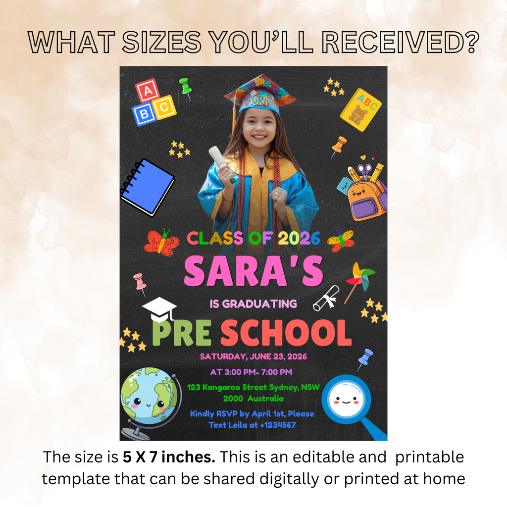 Pre K Graduation Announcement Invitation with Photo, Kindergarten Class of 2026 Invite, Kids Grad Party Invite, Printable Canva Template