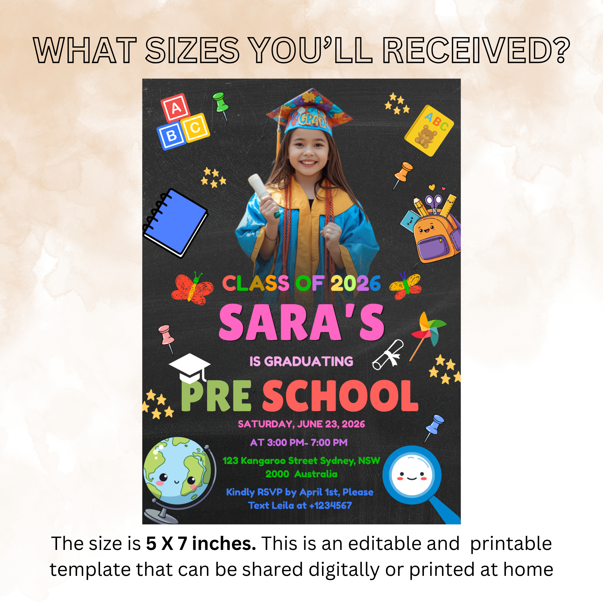 Pre K Graduation Announcement Invitation with Photo, Kindergarten Class of 2026 Invite, Kids Grad Party Invite, Printable Canva Template