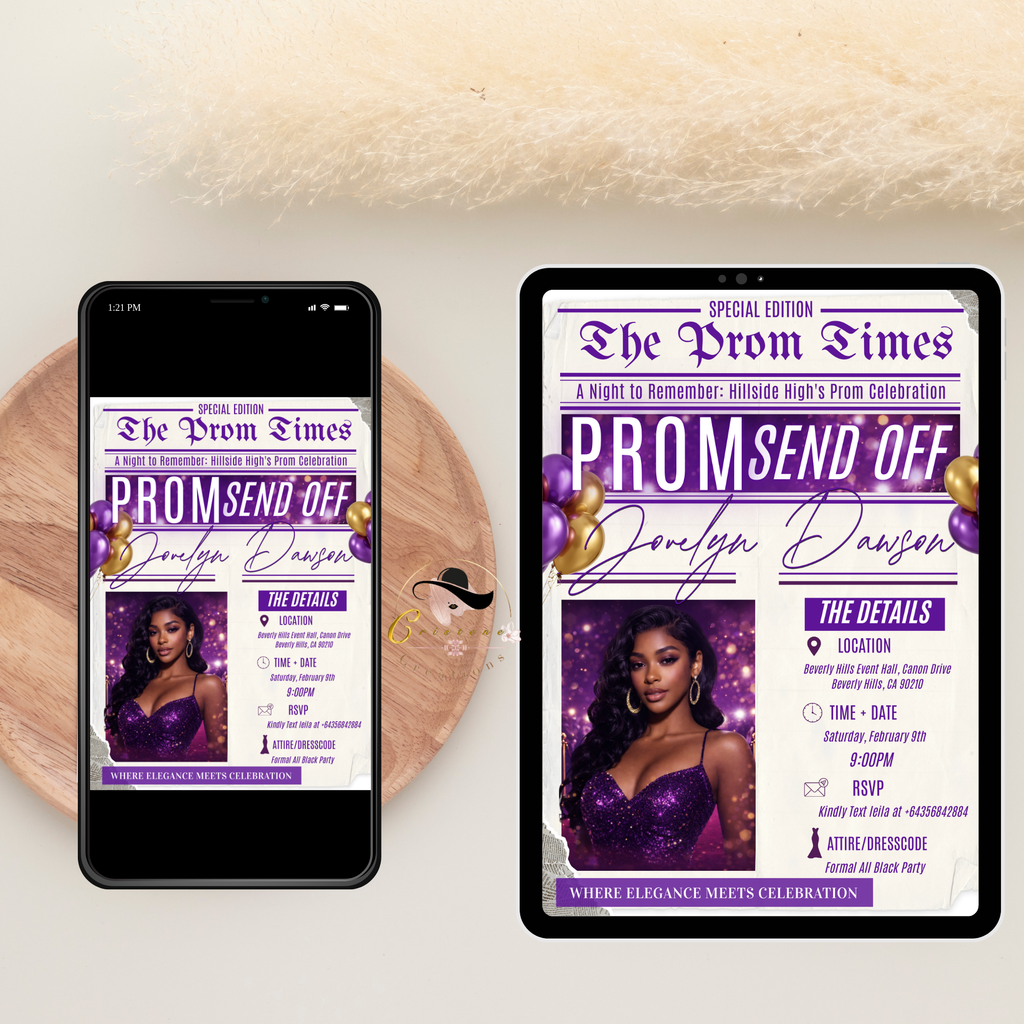 Newspaper Prom Send Off Party Invitation, Purple Prom Queen with photo invite, Girls Prom Night Flyer Card, Digital Printable Template