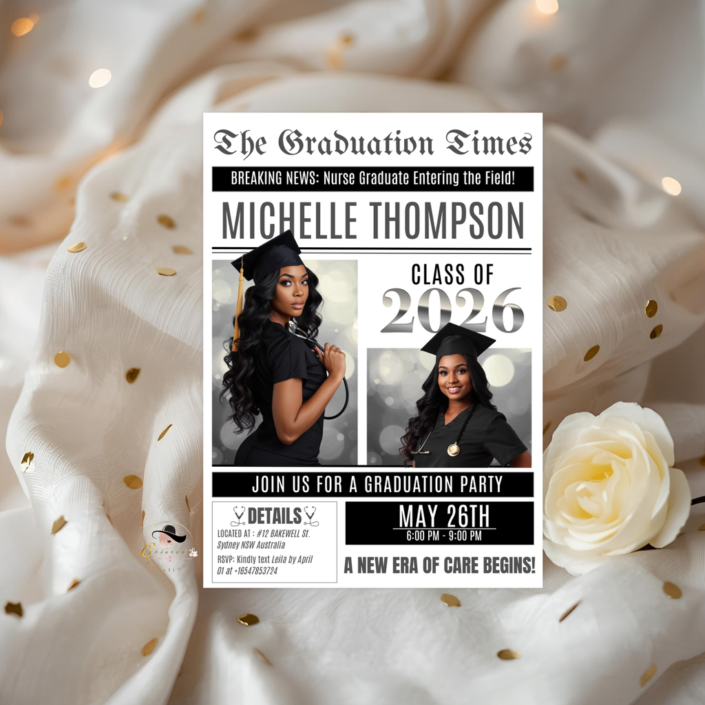 Newspaper Nurse Graduation Announcement Invitation, RN Pinning Ceremony with photo invite, LPN Nursing Graduates, 2026 BSN Flyer Template