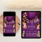 Save the Date Birthday Invitation, Purple Gold Save Date Party with photo Invite, Elegant Dinner Event Card, Printable Digital Template