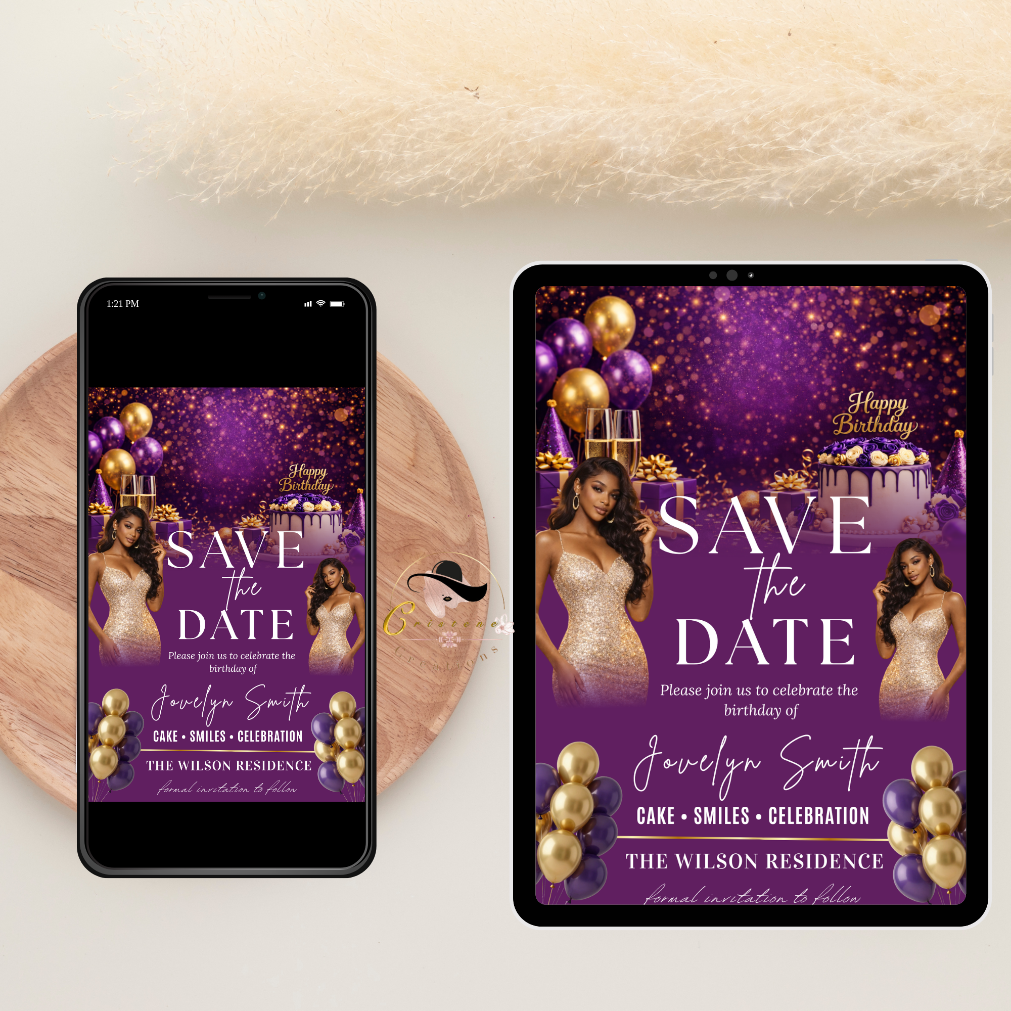 Save the Date Birthday Invitation, Purple Gold Save Date Party with photo Invite, Elegant Dinner Event Card, Printable Digital Template