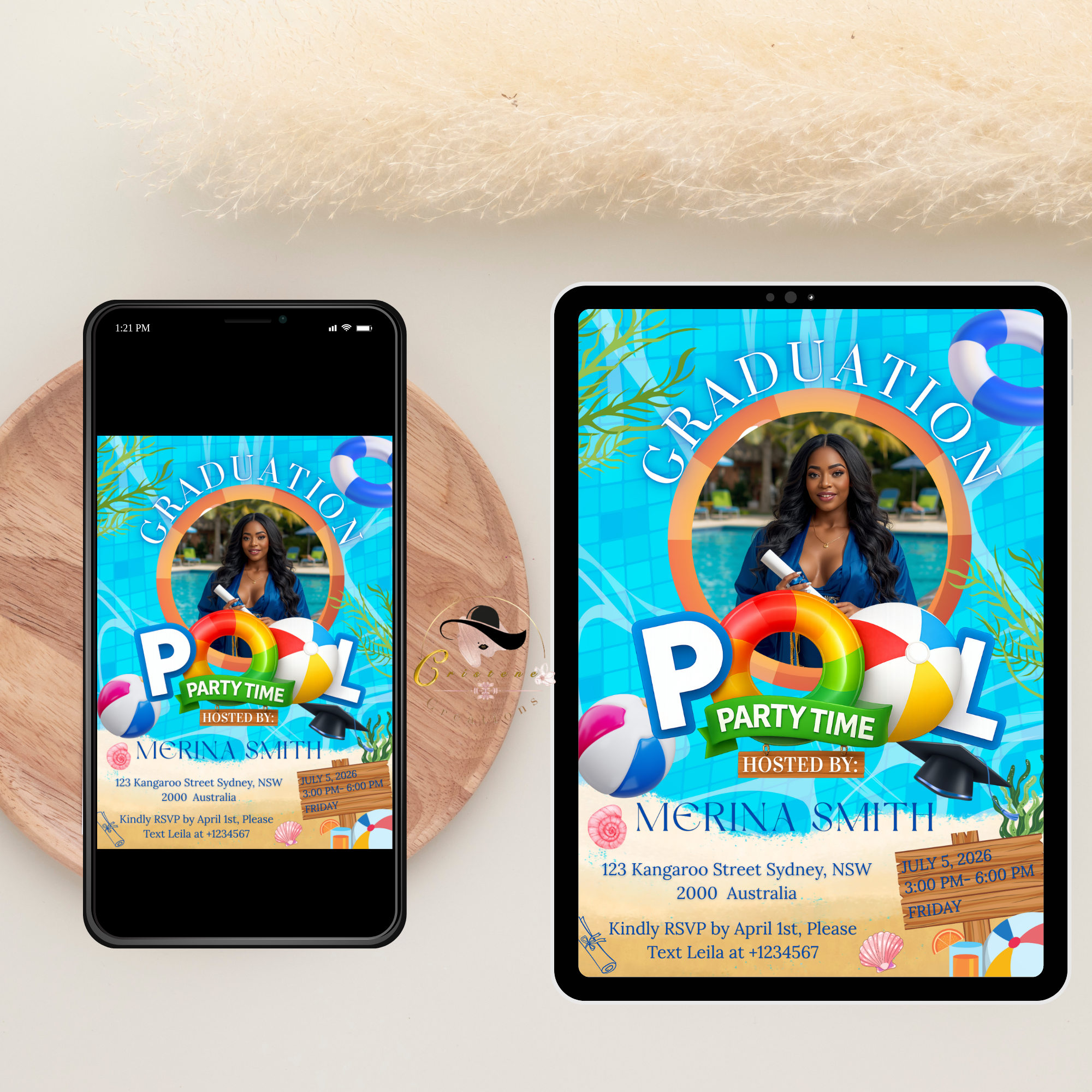 Graduation Pool Party Invitation with Photo, Senior High School College Grad Party Invite for Him and Her Class 2026 Editable Canva Template