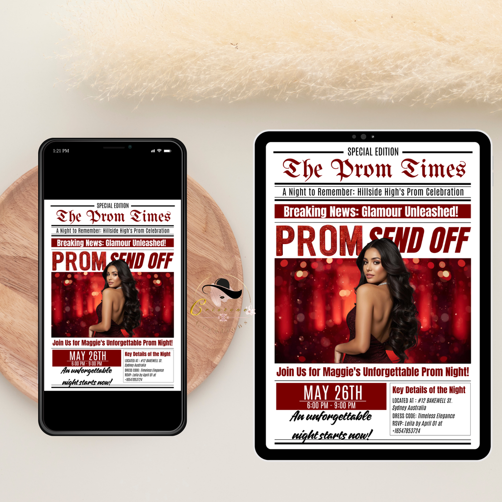 Newspaper Prom Send Off Invitation, Red Prom Queen with photo invite, Teen Boy Prom Night Party Flyer, Highschool Digital Printable Template