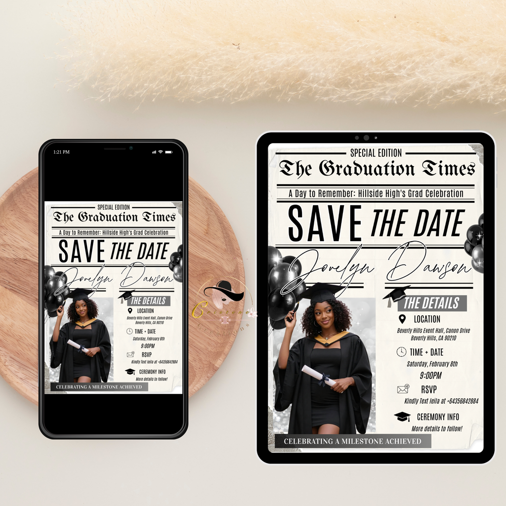 Graduation Save the Date with Photo Invitation, Newspaper Theme Grad Invite, Class of 2026 Girl Boy Invite, Editable Canva Template