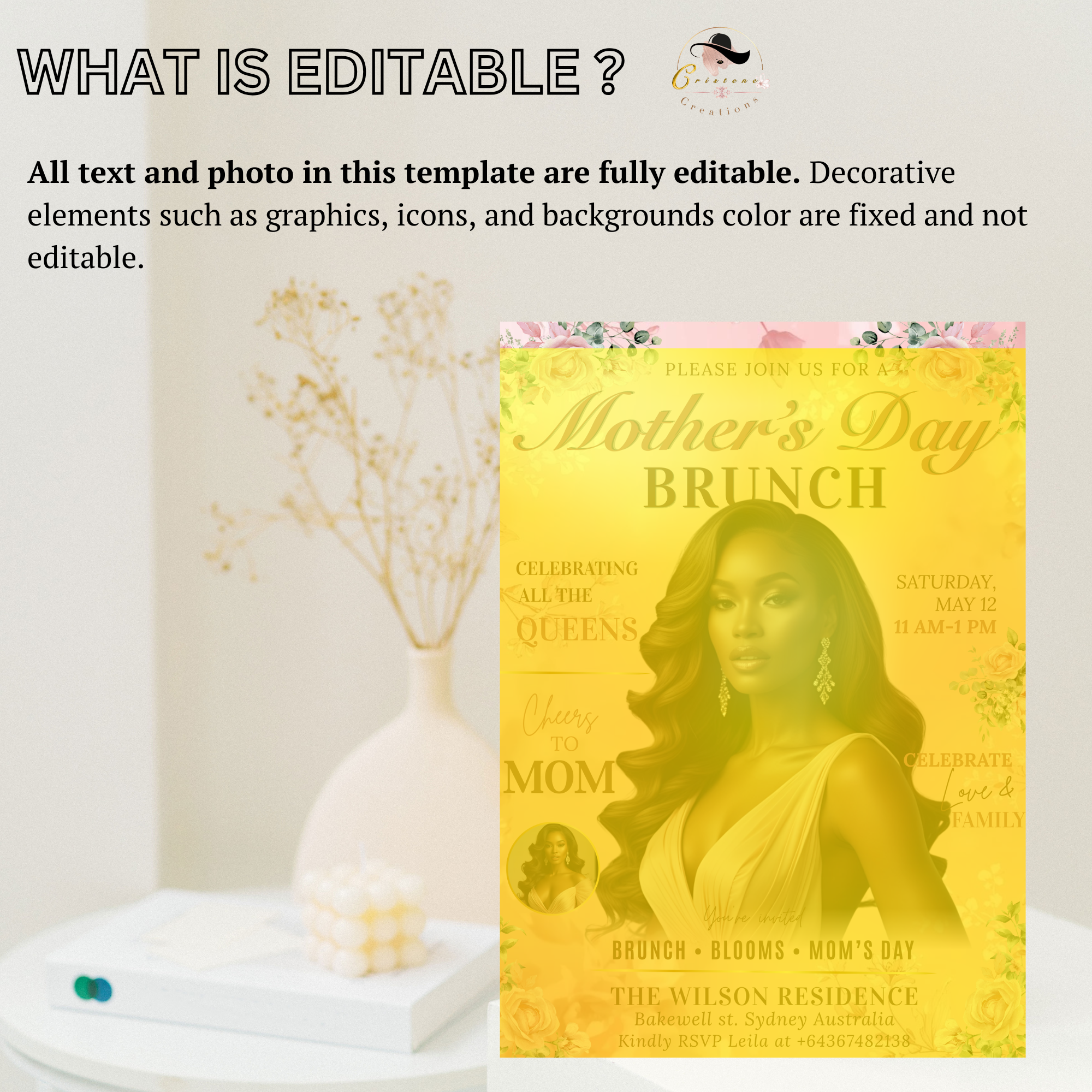 Pink Mother's Day Invitation, Floral Mom Brunch with photo invite, Mommy Party Card, Magazine Style Flyer, Digital Printable Template