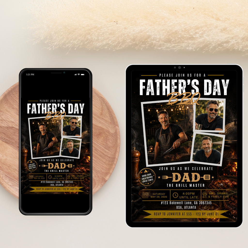 Father’s Day BBQ Party Invitation with photo, Dad Barbecue Cookout Invite, Grill Summer Invite, Black Gold Printable Editable Canva Template
