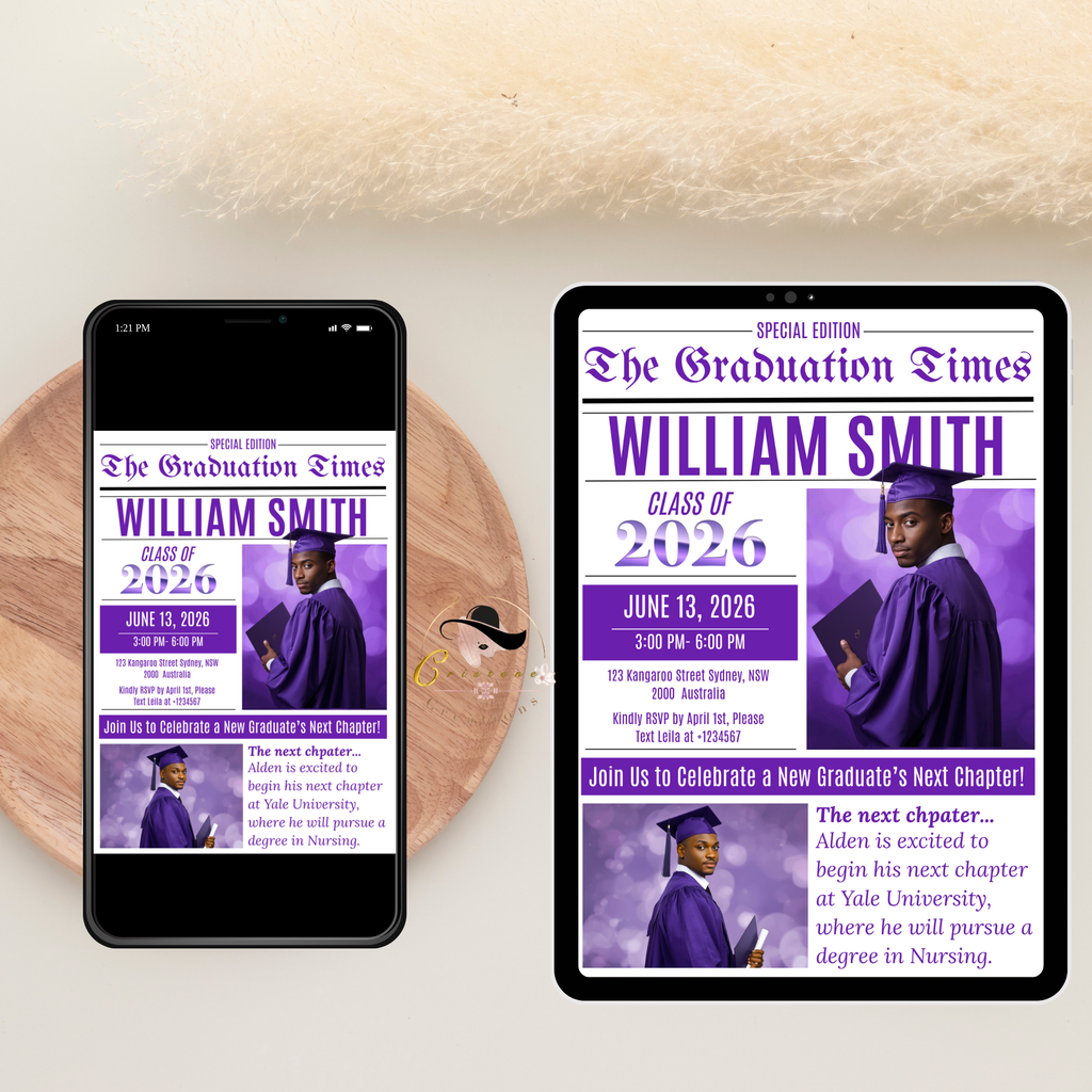 Newspaper Graduation Announcement Invitation with Photo, Senior High School Grad Invite for Boy and Girl, Class of 2026 Canva Template