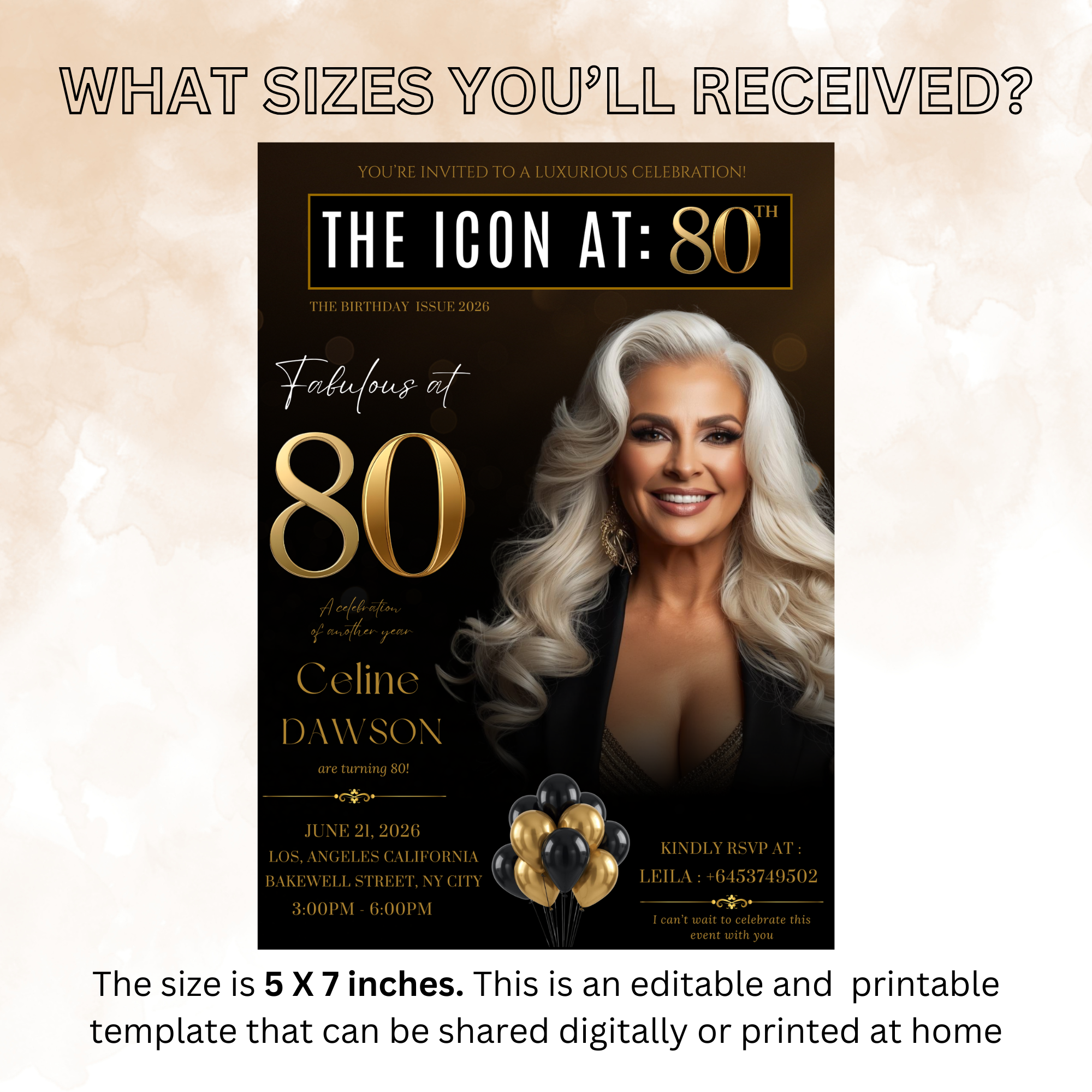 Black Gold 80th Birthday Invitation, 80 and Fabulous with photo Invite, Elegant Birthday Party Dinner Brunch, Digital Printable Template