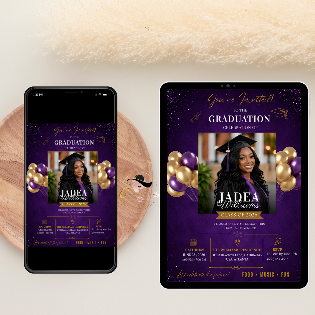 Purple Graduation Announcement Invitation with Photo, Class of 2026 Grad Party Invite for Him and Her High School College Editable Printable