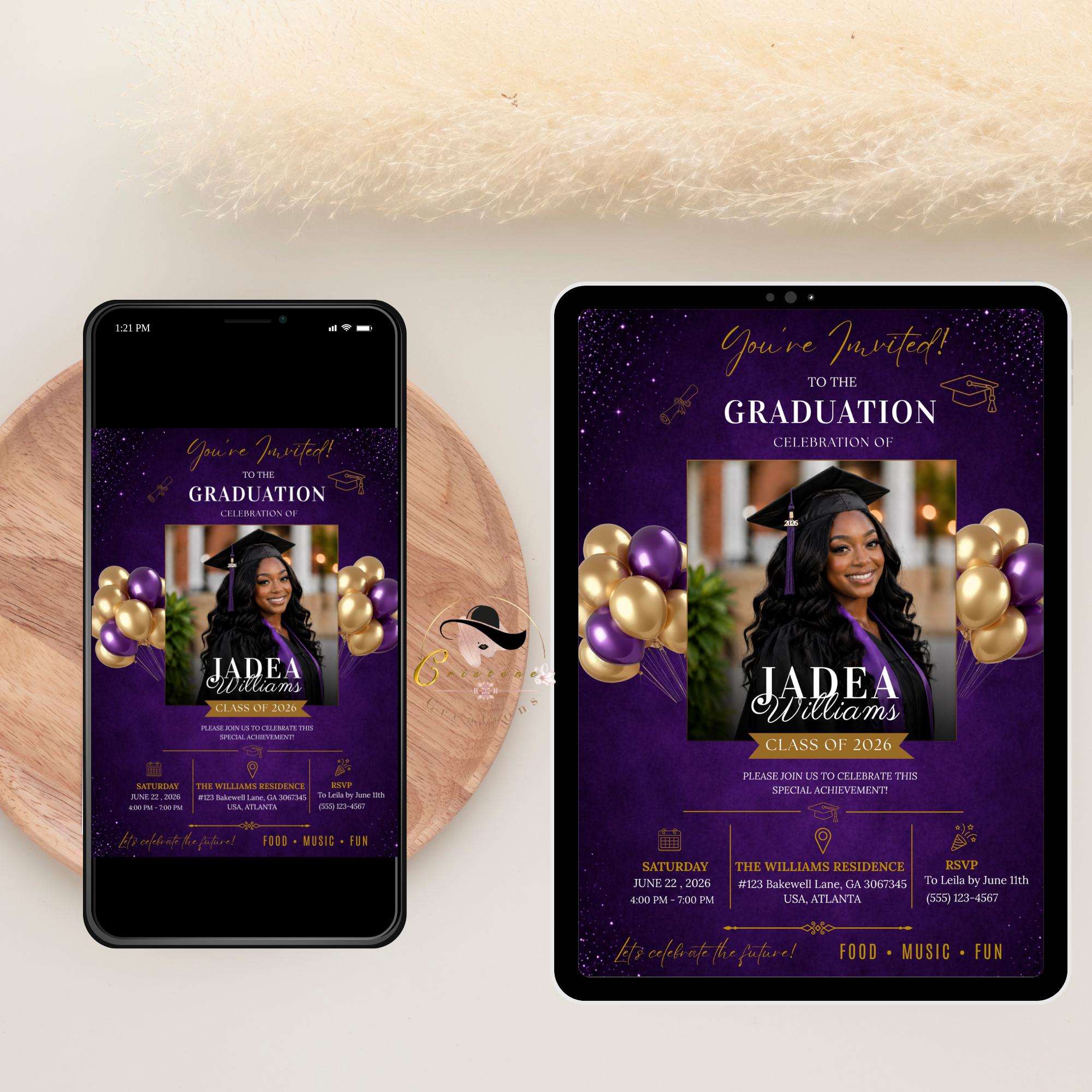 Purple Graduation Announcement Invitation with Photo, Class of 2026 Grad Party Invite for Him and Her High School College Editable Printable