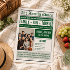 Newspaper Family Reunion Invitation with Photo, Family Gathering Party Celebration Invite, Green Printable Editable Canva Template