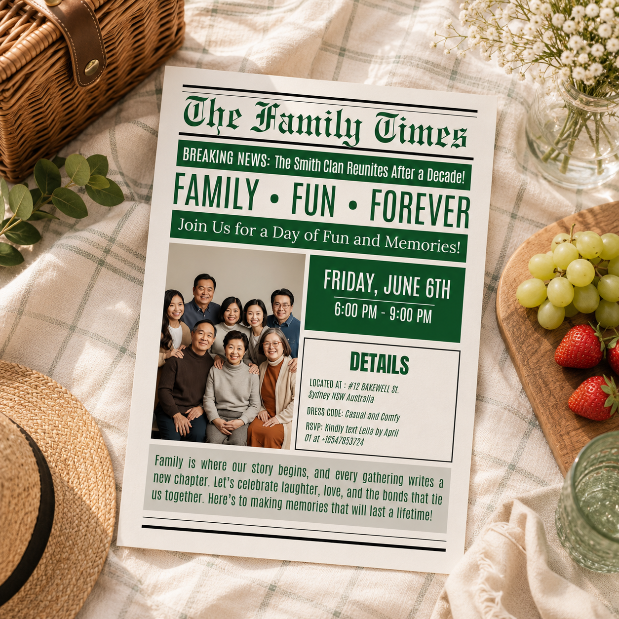 Newspaper Family Reunion Invitation with Photo, Family Gathering Party Celebration Invite, Green Printable Editable Canva Template