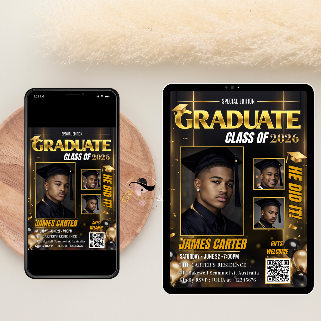 Boy Graduation Announcement 2026 Invitation, Black gold Senior Grad Party with photo invite, Male College High school Graduates Template
