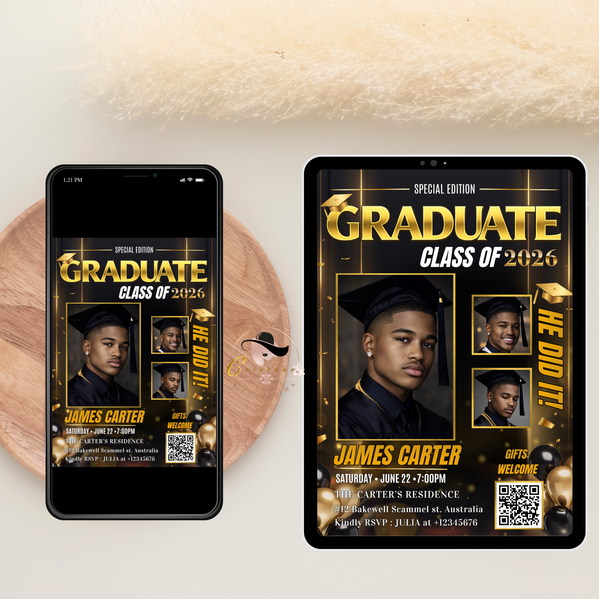 Boy Graduation Announcement 2026 Invitation, Black gold Senior Grad Party with photo invite, Male College High school Graduates Template