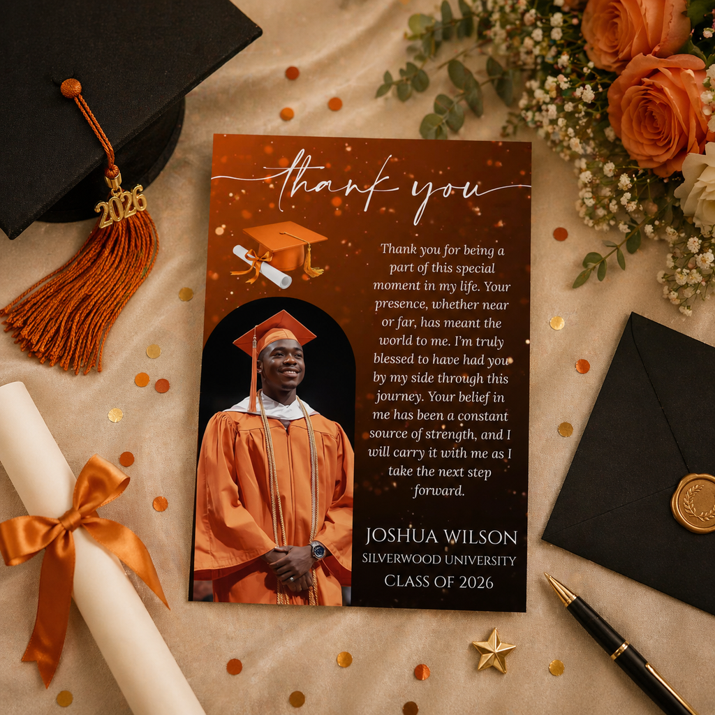 Class of 2026 Graduation Thank You Card with Photo, Orange Grad Party Thank You Note for Him and Her, High School College Printable Template