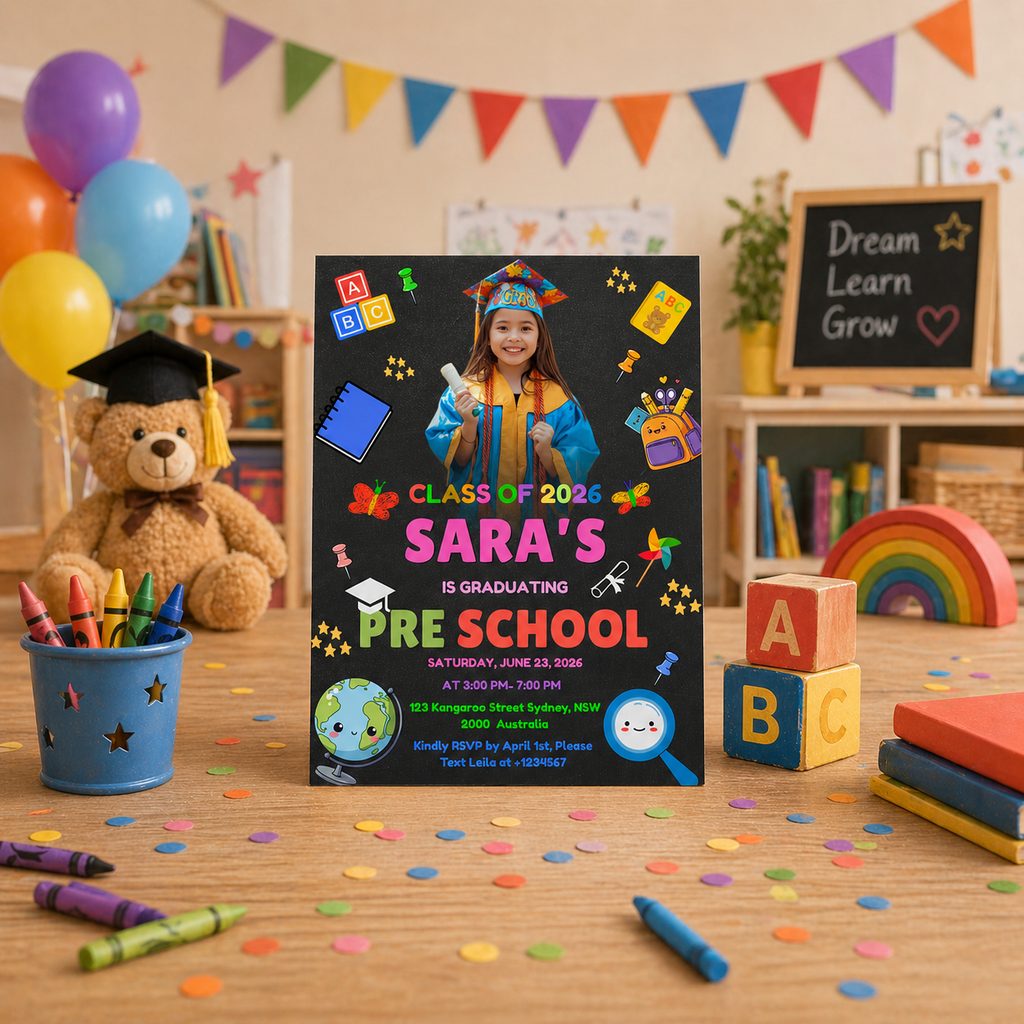 Pre K Graduation Announcement Invitation with Photo, Kindergarten Class of 2026 Invite, Kids Grad Party Invite, Printable Canva Template