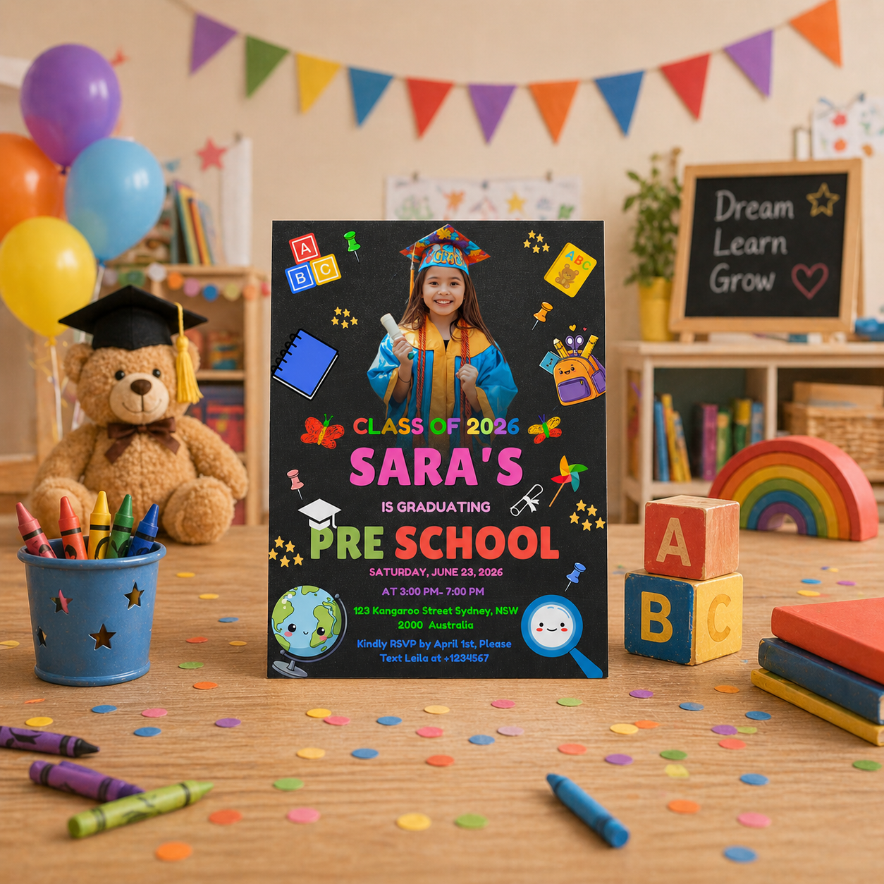 Pre K Graduation Announcement Invitation with Photo, Kindergarten Class of 2026 Invite, Kids Grad Party Invite, Printable Canva Template