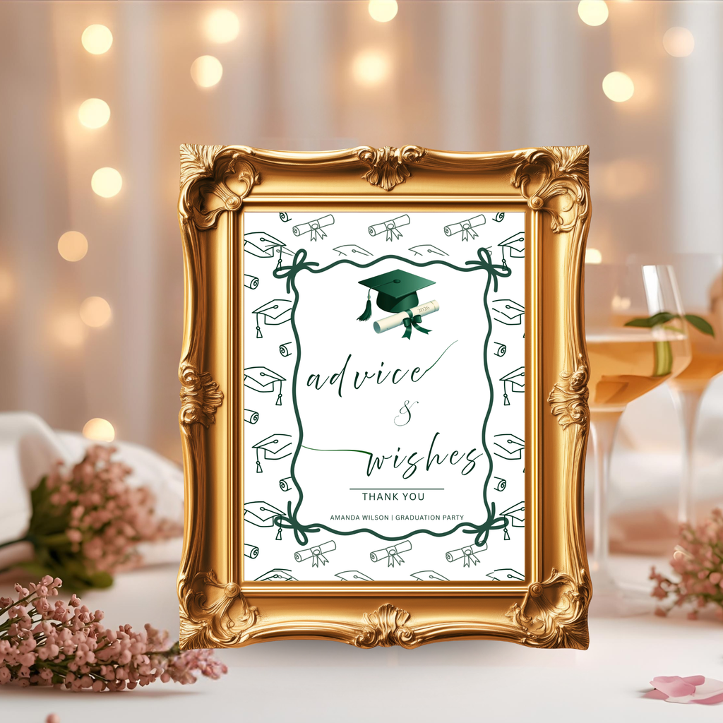 Green Coquette Graduation Table Signs Bundle, Senior Grad Favor sign, College Fund Sign, Food Sign, Graduates Party Decor Printable Template