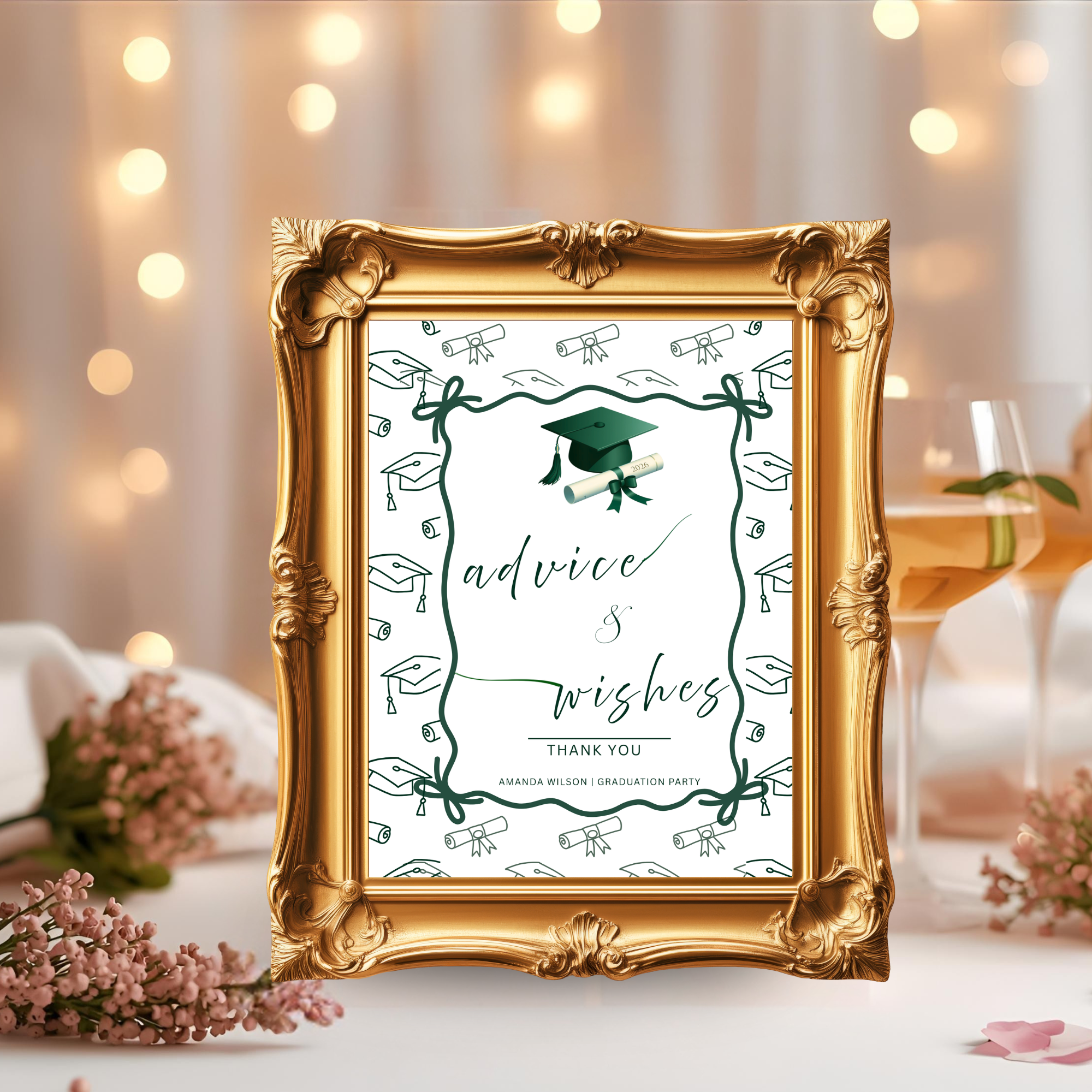 Green Coquette Graduation Table Signs Bundle, Senior Grad Favor sign, College Fund Sign, Food Sign, Graduates Party Decor Printable Template