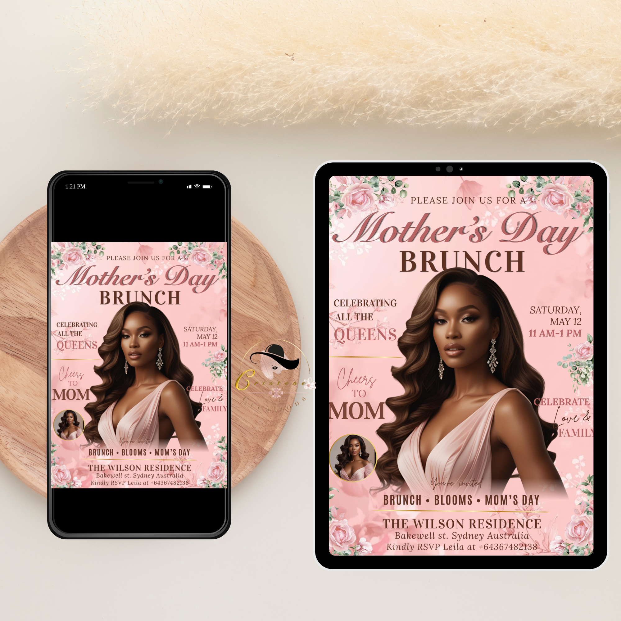 Pink Mother's Day Invitation, Floral Mom Brunch with photo invite, Mommy Party Card, Magazine Style Flyer, Digital Printable Template