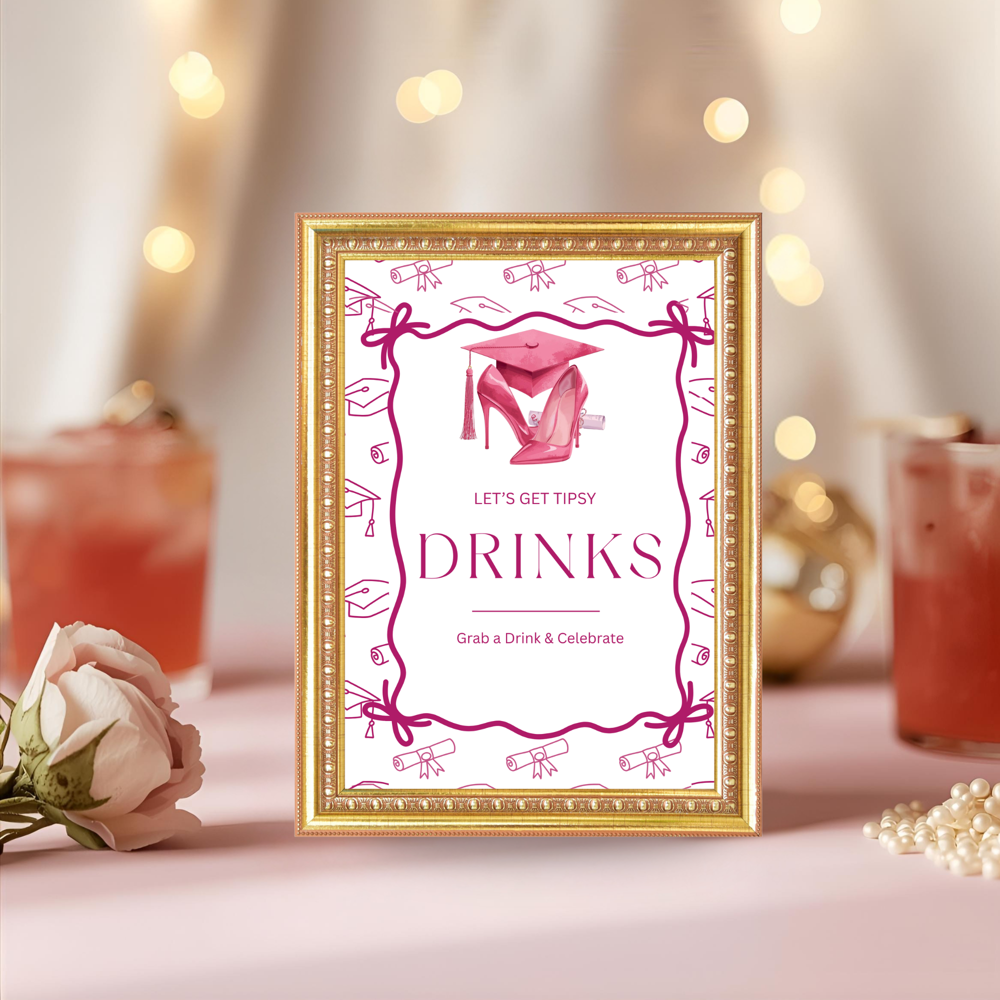 Pink Coquette Graduation Table Signs Bundle, Senior Grad Favor sign, College Fund Sign, Food Sign, Graduates Party Decor Printable Template