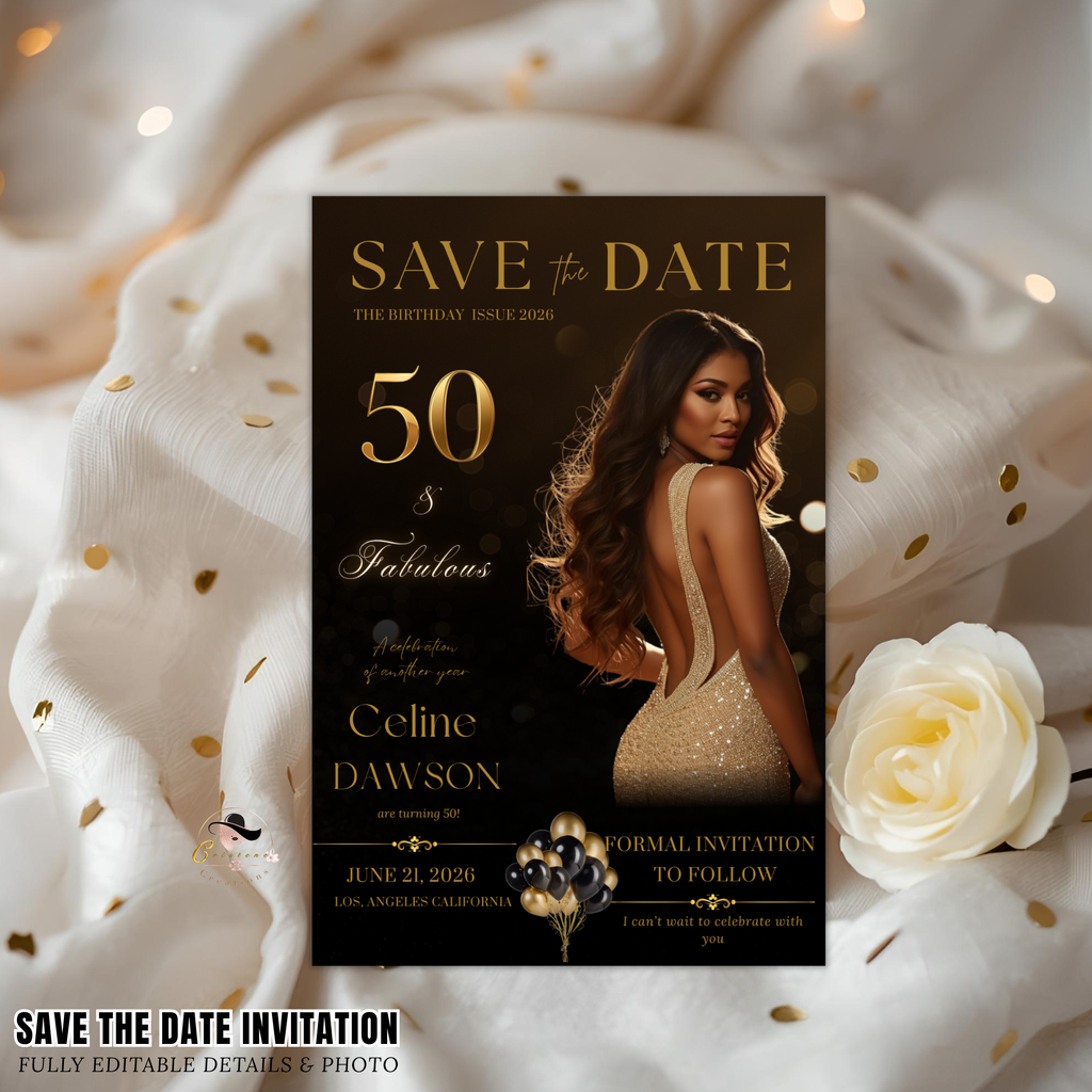 Black Gold 50th Birthday Save the Date Invitation, Save Date Party with Photo, Elegant Dinner Event Invite, Printable Canva Digital Template