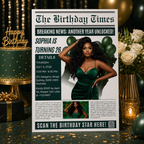 Green Newspaper Birthday Party Invitation with Photo, Woman Dinner & Brunch Invite, Retirement Invite, Editable Printable Digital Template