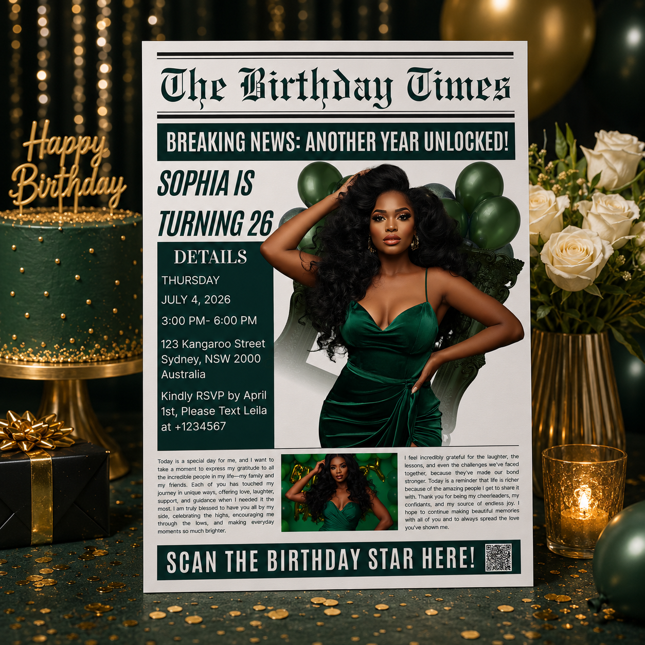 Green Newspaper Birthday Party Invitation with Photo, Woman Dinner & Brunch Invite, Retirement Invite, Editable Printable Digital Template