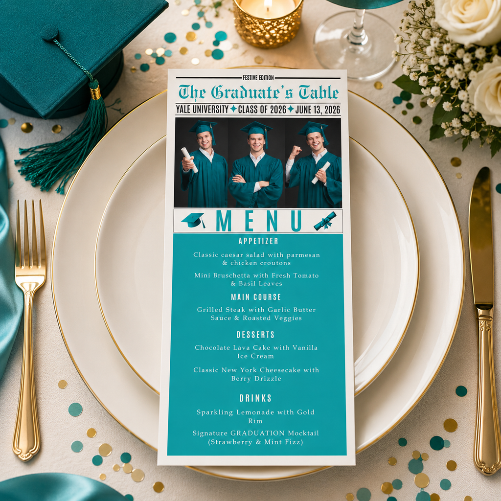 Teal Graduation Newspaper Menu Template with Photo, Senior Grad Party Dinner Menu for High School College, Girl Boy Canva Printable Card