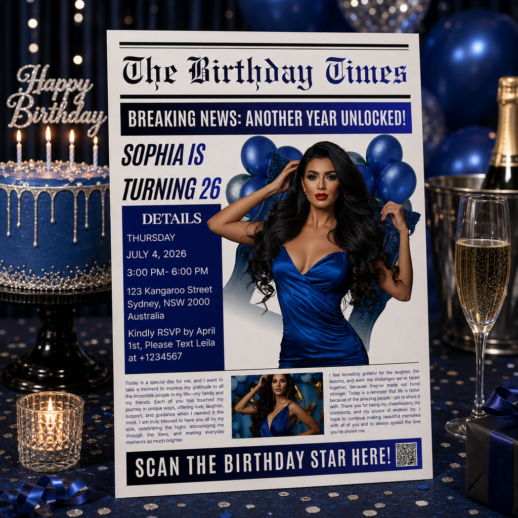 Birthday Newspaper Invitation with Photo, Elegant Dinner Party & Brunch Celebration Invite For Him and Her, Blue Editable Canva Template